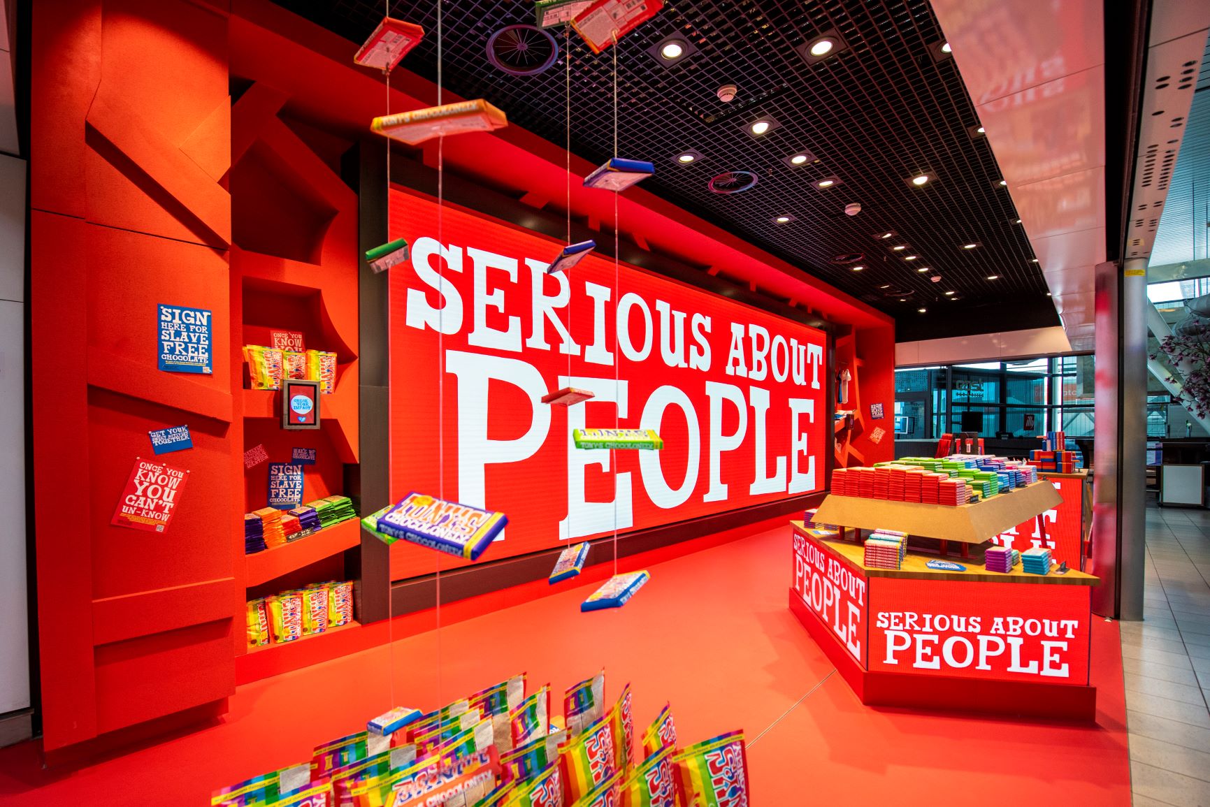 Photograph of Tony’s Chocolonely retail store; a 50sqm outlet at Schiphol Airport.